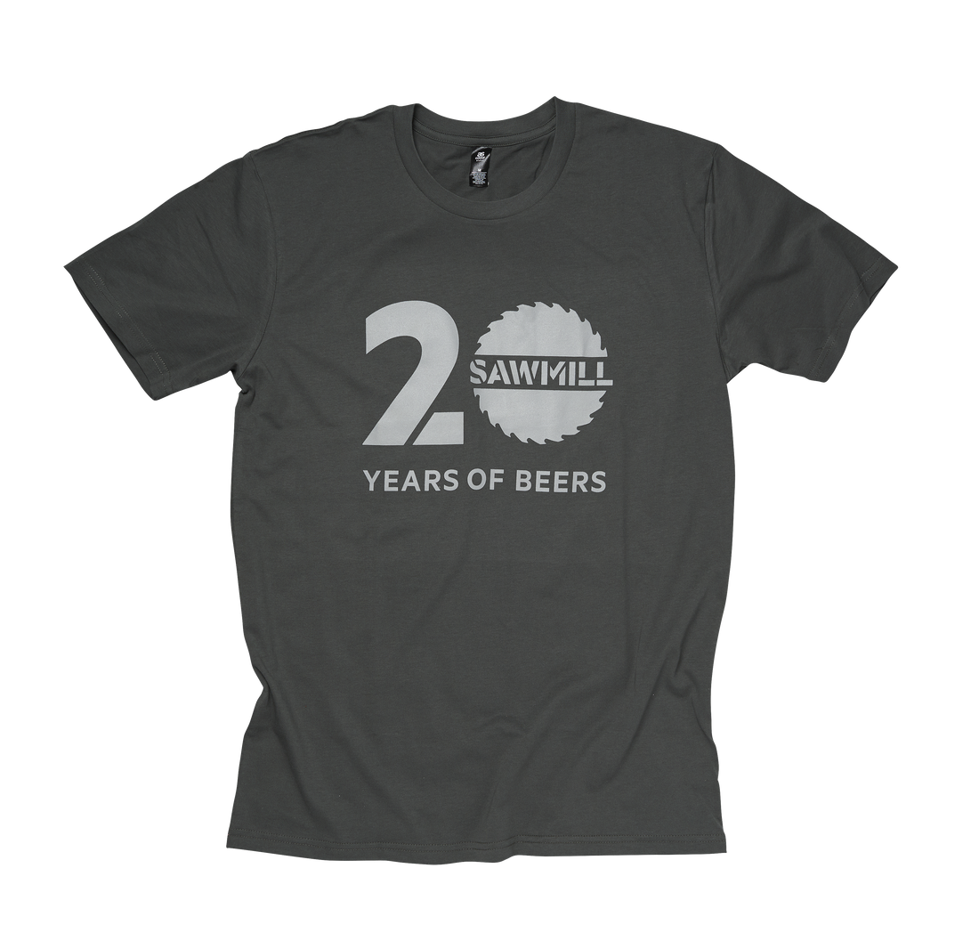 Sawmill Tee Charcoal | 20 years of beers